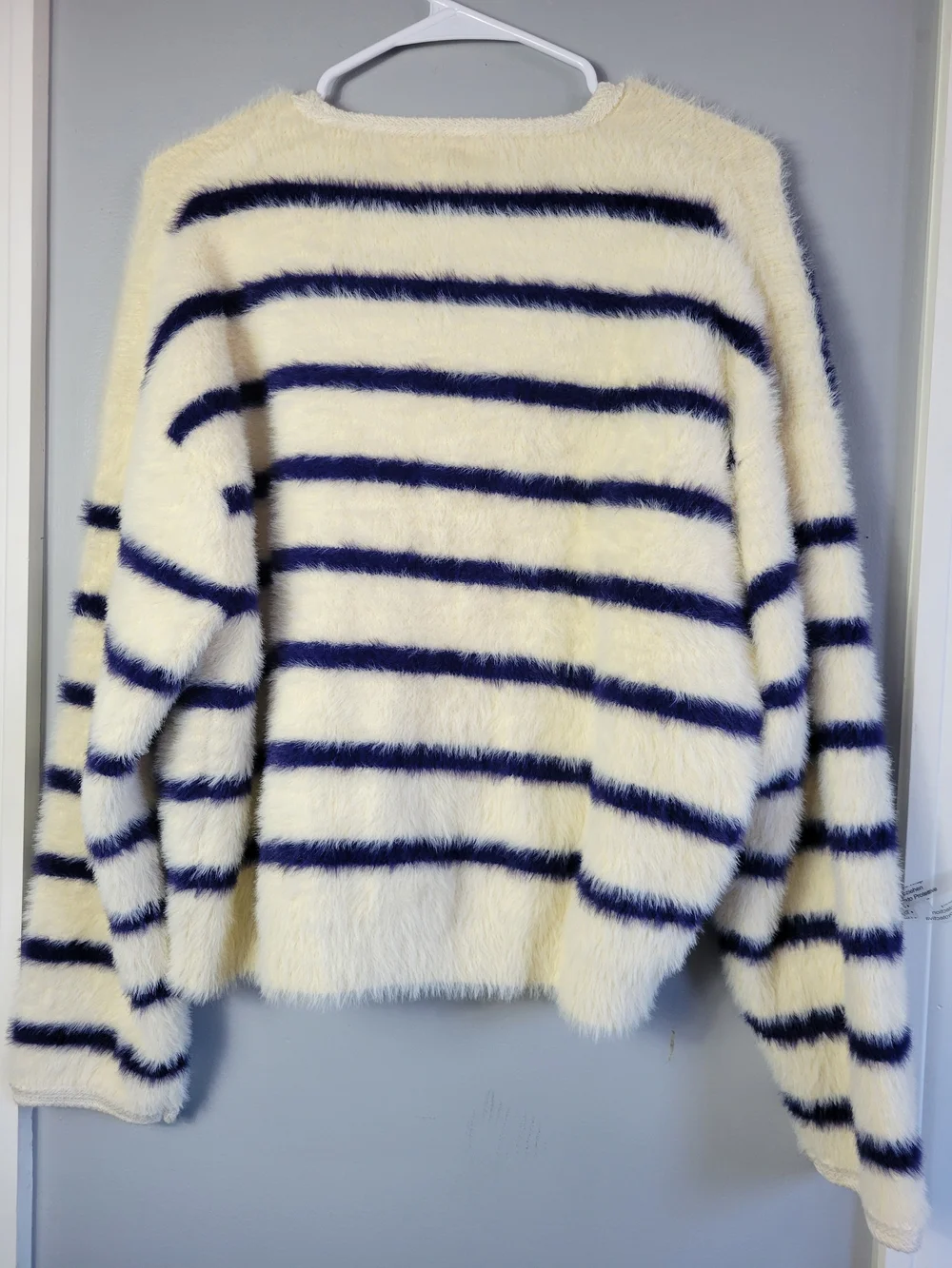 J. Crew Cream Fuzzy V‑Neck Cardigan with Navy Stripes